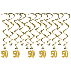 12 x Gold "50" Celebration Foil Hanging Whirls - 43cm - 81cm