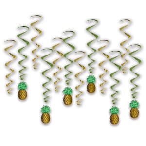 12 x Pineapple Green & Gold Foil Hanging Whirls - 44cm - 86cm