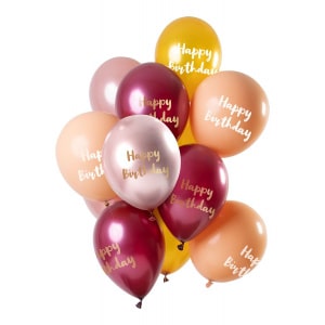 12 x Deluxe Pink & Gold Happy Birthday Party Balloons - 30cm