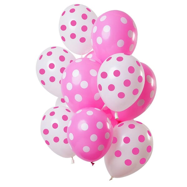 12 x Deluxe Pink & White Polka Dots Party Balloons - 30cm