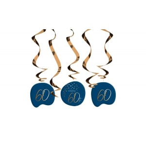 5 x Happy 60th Birthday Elegant True Blue Party Whirl Hangers - 75cm