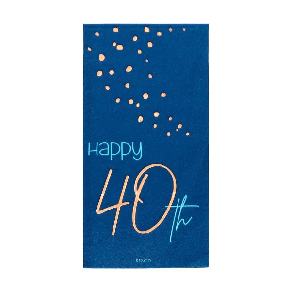 10 x Elegant True Blue "Happy 40th Birthday" Blue & Gold Paper Napkins  - 33cm x 33cm
