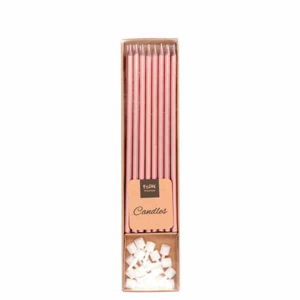 16 x Elegant Long Rose Gold Birthday Candles With Holders
