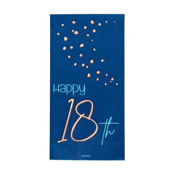 10 x Elegant True Blue "Happy 18th Birthday" Blue & Gold Paper Napkins  - 33cm x 33cm