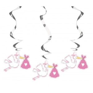 3 x Stork Baby Pink Hanging Whirl Decorations