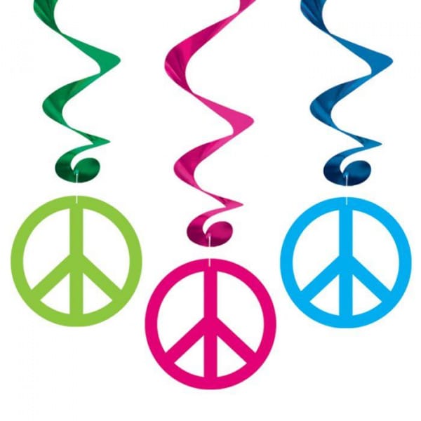 12 x Peace Sign 60's Style Multicoloured Foil Hanging Whirls - 44cm - 81cm