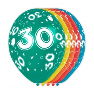 5 x 30th Birthday Assorted Colour Deluxe Party Balloons - 30cm