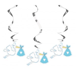 3 x Stork Baby Blue Hanging Whirl Decorations