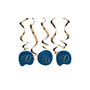 5 x Happy 50th Birthday Elegant True Blue Party Whirl Hangers - 75cm
