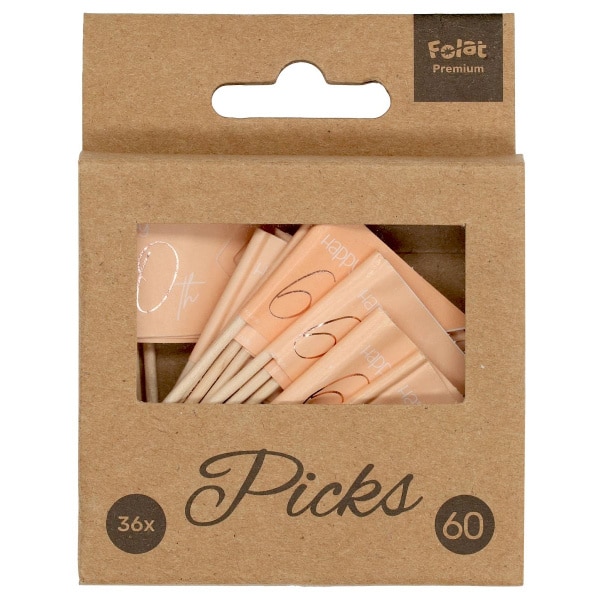 36 x Elegant Lush Blush "Happy 60th" pink & rose gold Party Pick Cocktail Sticks - 6.5cm