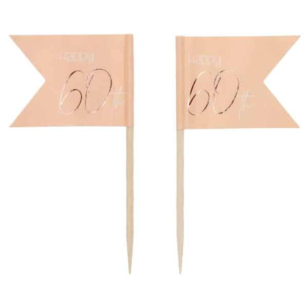 36 x Elegant Lush Blush "Happy 60th" pink & rose gold Party Pick Cocktail Sticks - 6.5cm