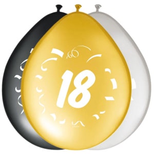 8 x 18th Birthday Gold, Silver & Black Deluxe Party Balloons - 30cm