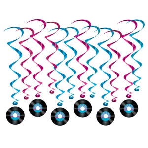 12 x Rock & Roll Record Blue & Red Foil Hanging Whirls - 44cm - 86cm