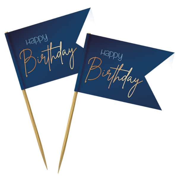 36 x Elegant True Blue "Happy Birthday" Blue & Gold Party Pick Cocktail Sticks - 6.5cm