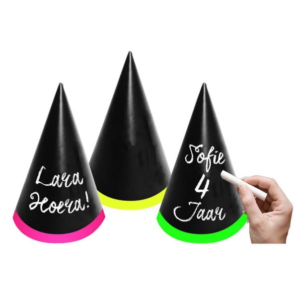 6 x Writable Chalkboard Black & Neon Coloured Party Hats