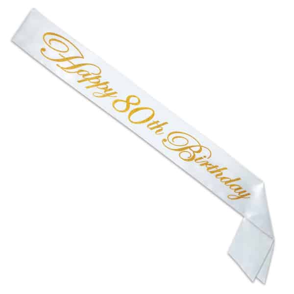 "Happy 80th Birthday" White & Gold Satin Sash