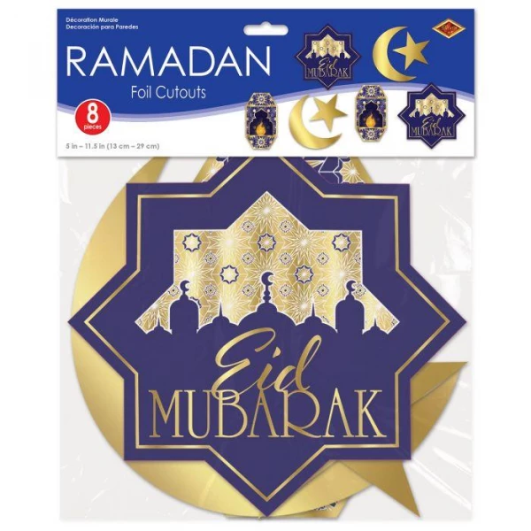 8 X Eid Mubarak Foiled Cutout Decorations - 13cm - 28cm