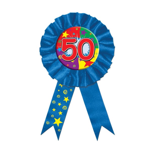 50th Birthday Blue & Colourful Rosette Badge