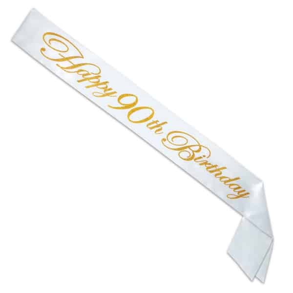 "Happy 90th Birthday" White & Gold Satin Sash