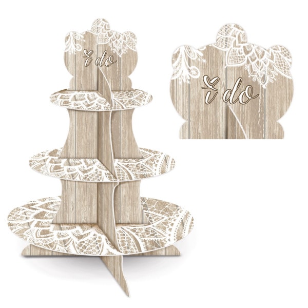 "I do" Wood & Lace Effect Wedding Cupcake Stand - 40cm