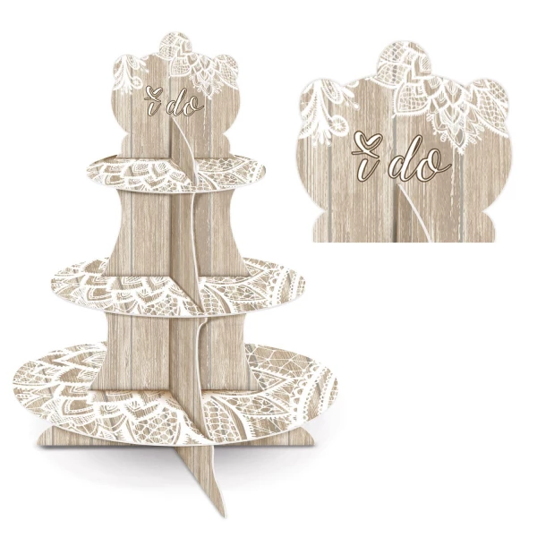 "I do" Wood & Lace Effect Wedding Cupcake Stand - 40cm