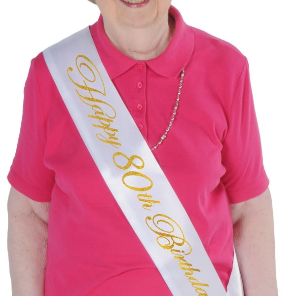 "Happy 80th Birthday" White & Gold Satin Sash