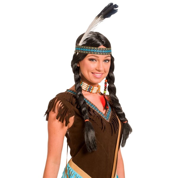 Native American Squaw Wig with Braids & Feather