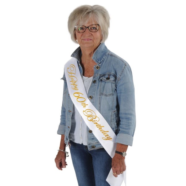 "Happy 60th Birthday" White & Gold Satin Sash