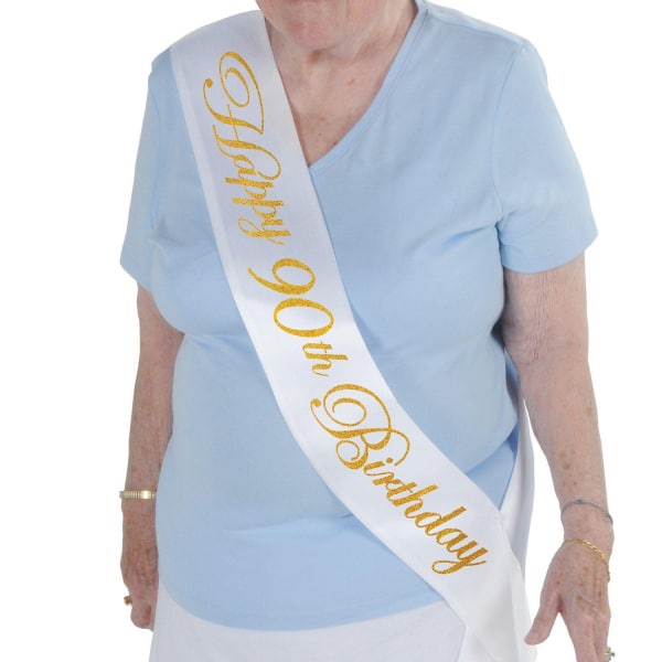 "Happy 90th Birthday" White & Gold Satin Sash