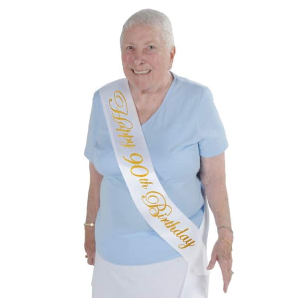 "Happy 90th Birthday" White & Gold Satin Sash