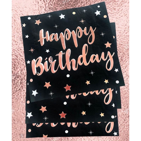 10 X "Happy Birthday" Black & Rose Gold Napkins - 33cm