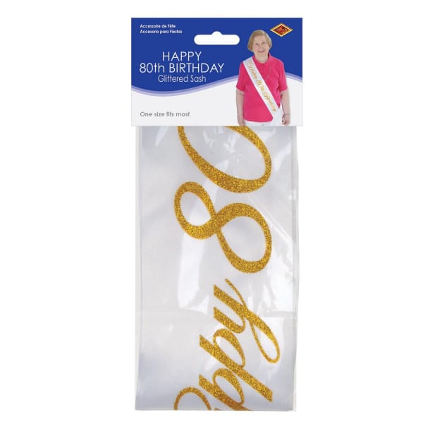 "Happy 80th Birthday" White & Gold Satin Sash