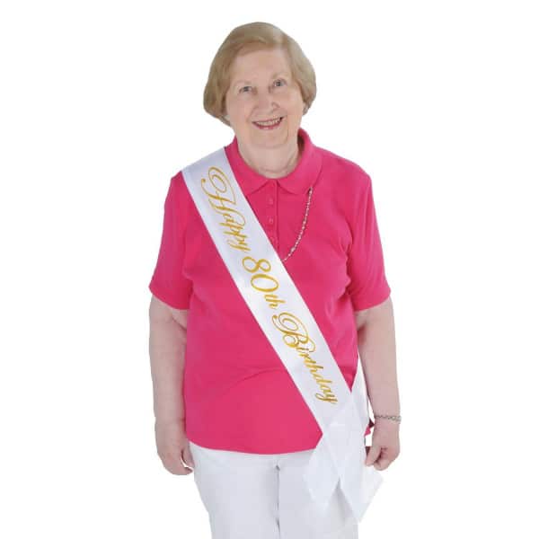 "Happy 80th Birthday" White & Gold Satin Sash