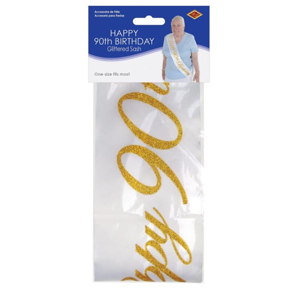 "Happy 90th Birthday" White & Gold Satin Sash