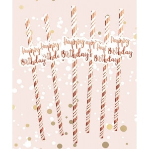 6 X Happy Birthday Rose Gold Spiral Paper Straws