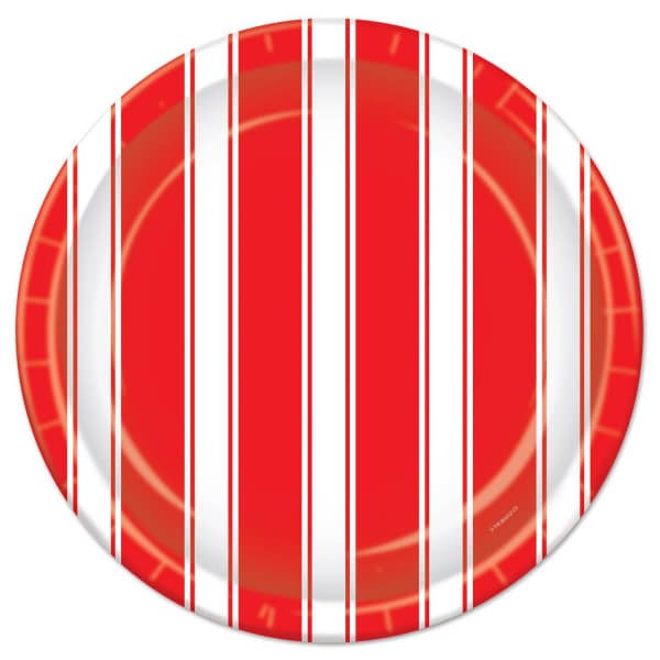 8 X Retro Circus Red & White Striped Paper Plates - 23cm