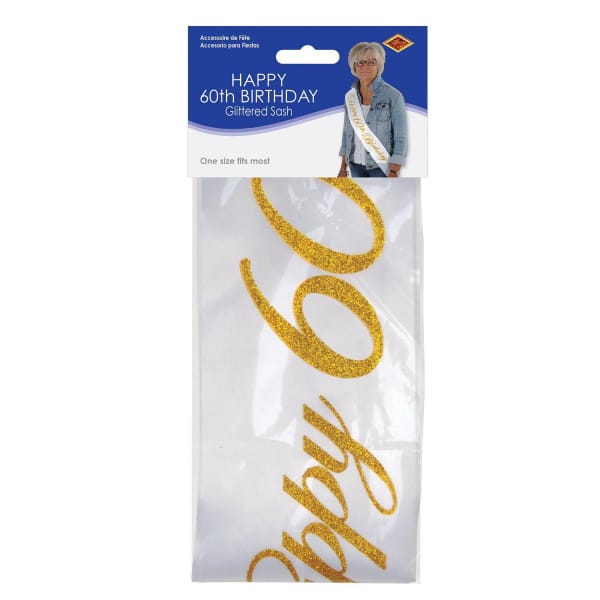 "Happy 60th Birthday" White & Gold Satin Sash