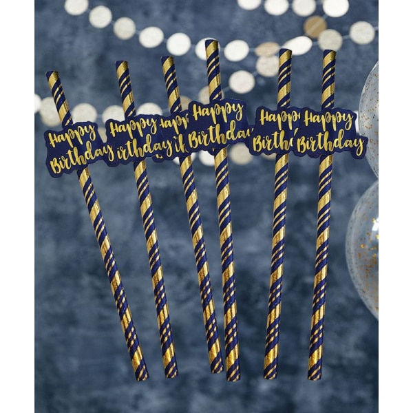 6 X Happy Birthday Navy & Gold Spiral Paper Straws