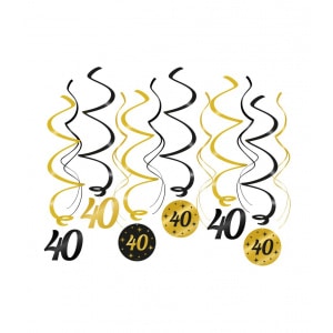 12 x 40th Birthday Black & Gold Hanging Whirls - 70cm