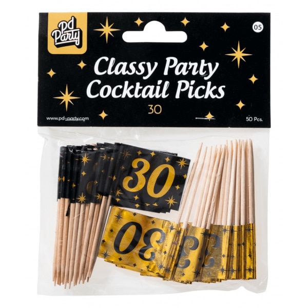 50 x 30th Birthday Black & Gold Party Picks - 6cm