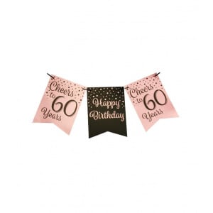 60th Birthday Rose Gold & Black Pennant Bunting - 6m