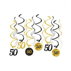 12 x 50th Birthday Black & Gold Hanging Whirls - 70cm