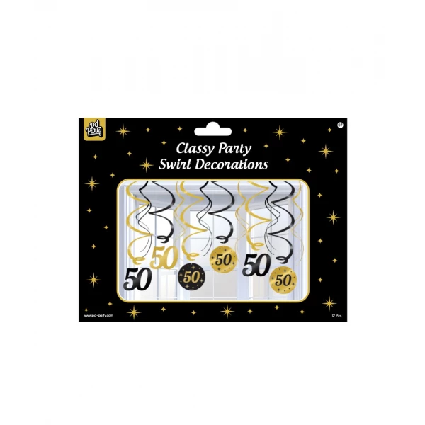 12 x 50th Birthday Black & Gold Hanging Whirls - 70cm