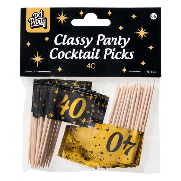 50 x 40th Birthday Black & Gold Party Picks - 6cm