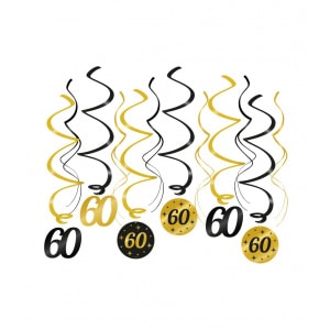 12 x 60th Birthday Black & Gold Hanging Whirls - 70cm