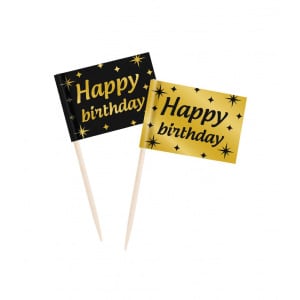 50 x Happy Birthday Black & Gold Party Picks - 6cm
