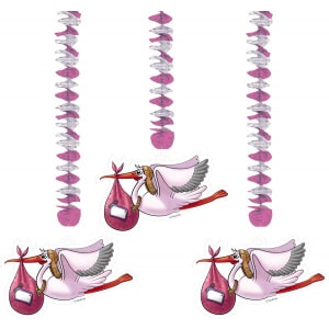 3 x Baby Shower Pink Stork Hanging Decorations