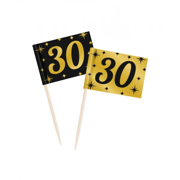 50 x 30th Birthday Black & Gold Party Picks - 6cm