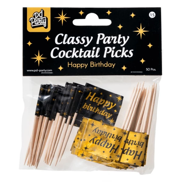 50 x Happy Birthday Black & Gold Party Picks - 6cm