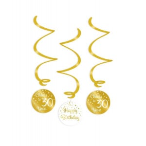 3 x 30th Birthday Gold & White Hanging Whirls - 70cm